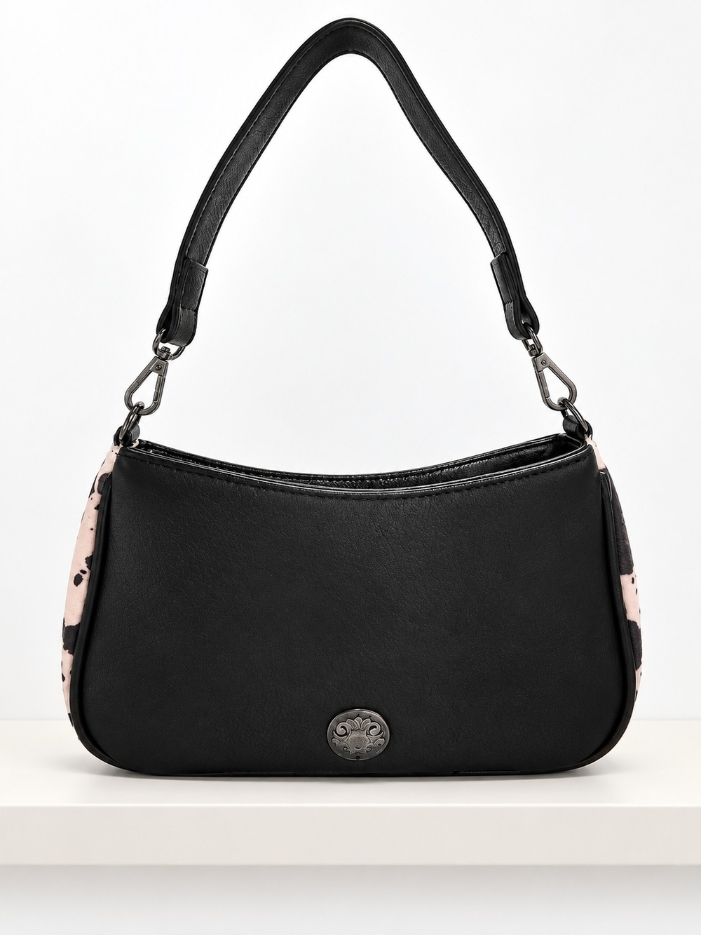 Black Shoulder Bag with Faux Cowhide Design